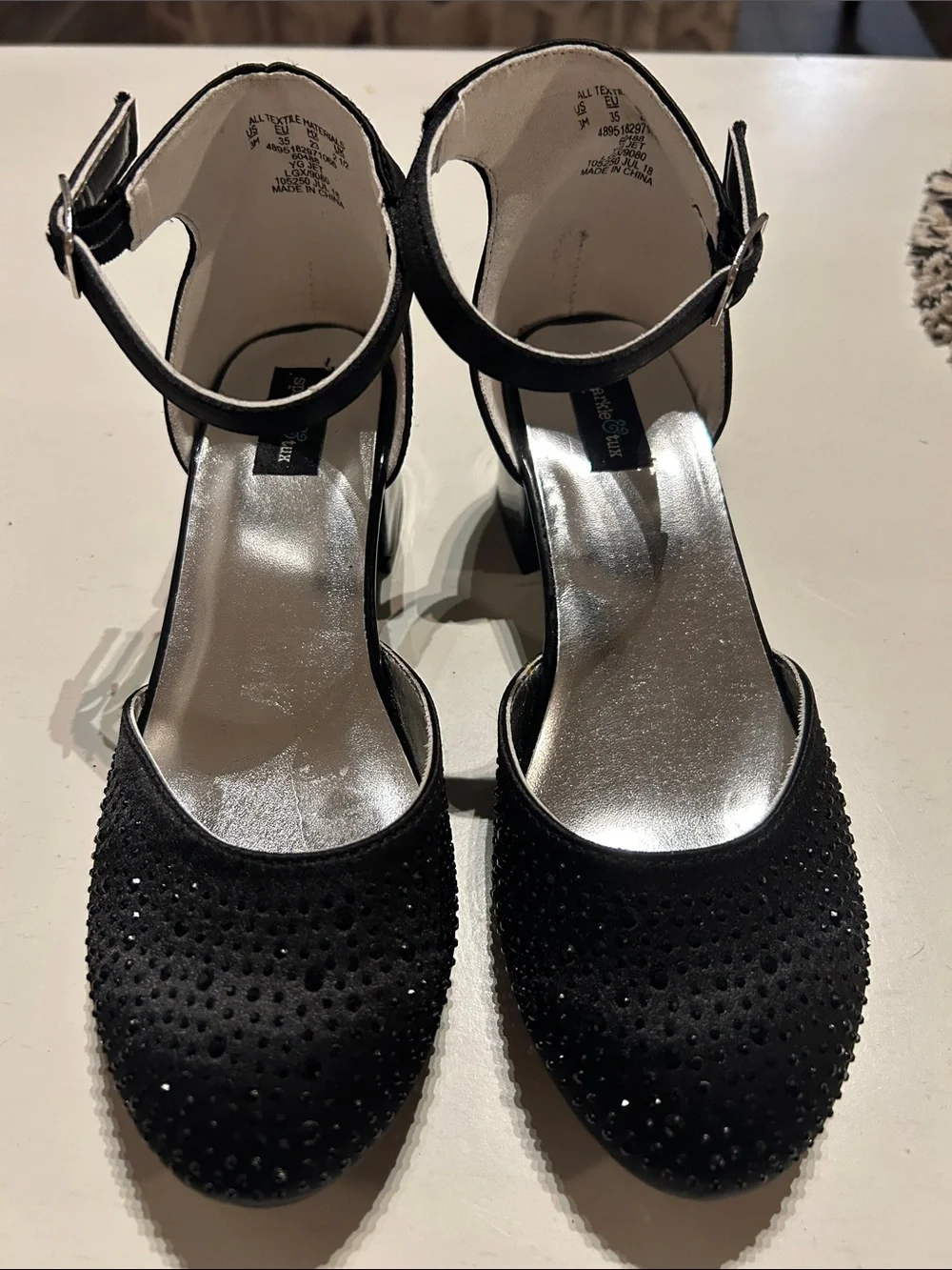 Girls' Black Ankle-Strap Dress Heels with Sparkle Accents